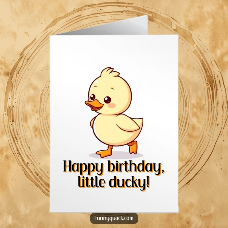 Funny free printable birthday card showing a kawaii duck waddling excitedly wearing tiny boots. Ready for adventure!