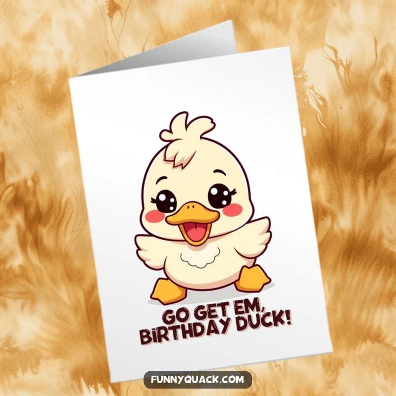 Funny Free Printable Birthday Card: An energetic kawaii duck with a massive cheerful smile, radiating pure birthday excitement. Hilarious download.