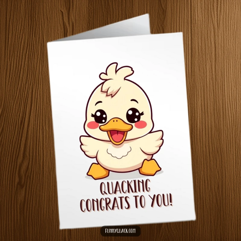 Funny Free Printable Congrats Card: A super energetic kawaii duck beams with a wide, cheerful smile, celebrating big wins. Downloadable art.