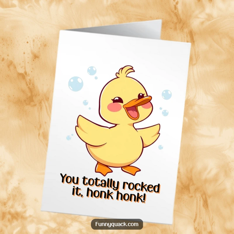 Funny Free Printable Congratulations card with a happy kawaii duck surrounded by celebratory bubbles, perfect for announcing good news.