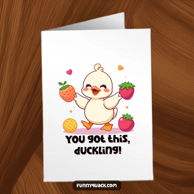 Funny Free Printable Congrats Card: A talented kawaii duck expertly juggles vibrant berries, celebrating achievements with playful flair. Downloadable art.