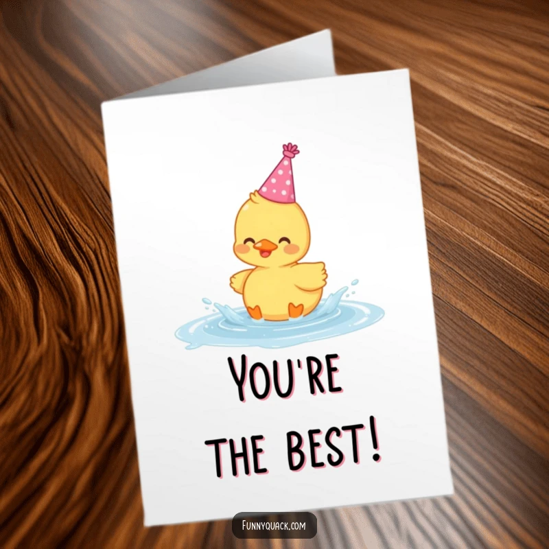 Free Printable Congratulations Card: A cute kawaii duck in a party hat joyfully splashing in a puddle
