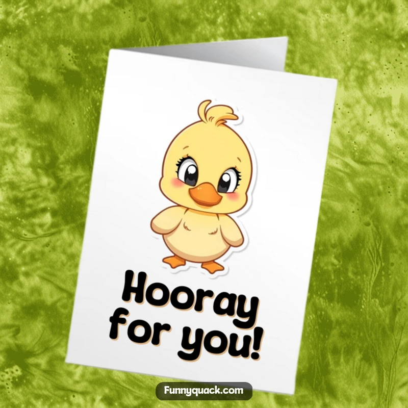 Free Printable Congratulations Card: A duck with huge bright eyes quacking loudly with exaggerated delight