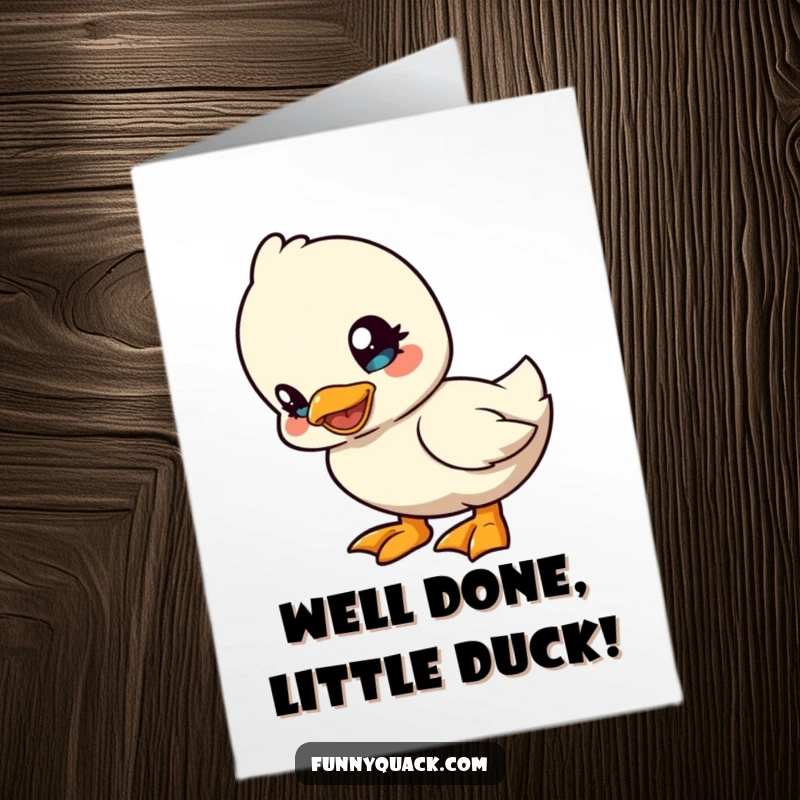 Funny Free Printable Congrats Card: A curious kawaii duck tilts its head playfully, celebrating a big win with quirky charm. Downloadable.