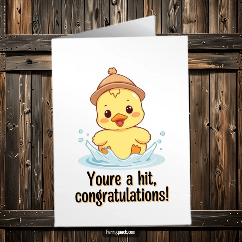 Funny free printable congratulations card of a kawaii duck in a tiny hat splashing water enthusiastically. A wet celebration!