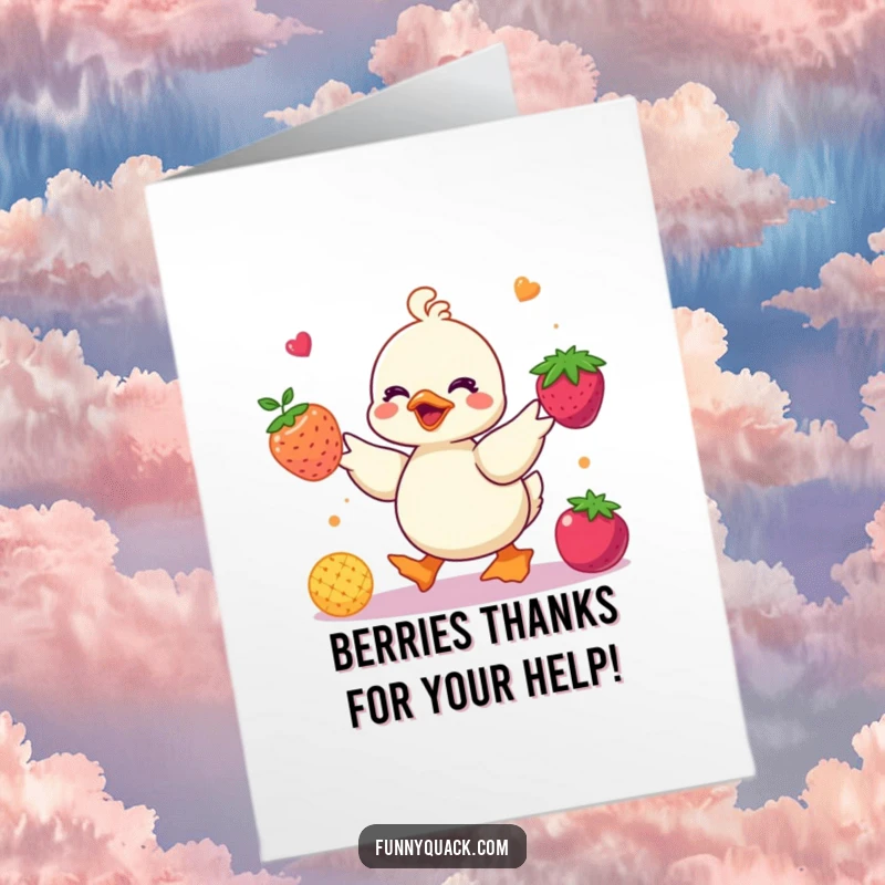 Funny Free Printable Thank You Card: A kawaii duck juggles bright berries, expressing gratitude with a whimsical, energetic flair. Downloadable.