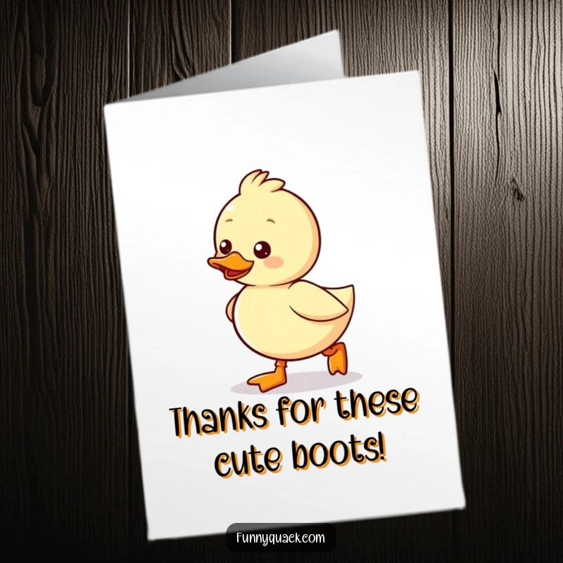 Funny free printable thank you card of a kawaii duck waddling excitedly in tiny boots. Adorable thanks for them!