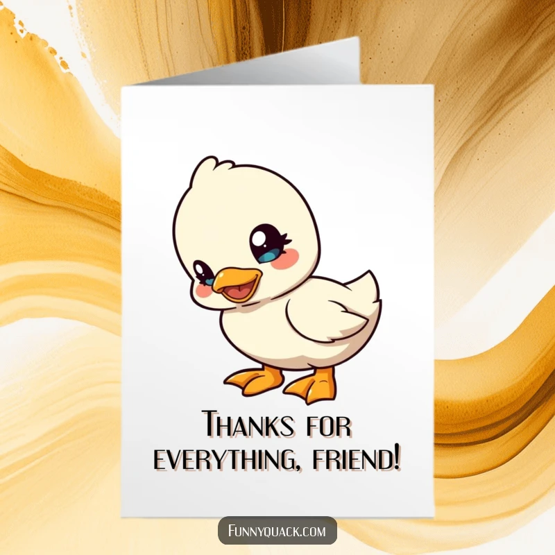 Funny Free Printable Thank You Card: An inquisitive kawaii duck tilts its head, offering thanks with playful curiosity. A sweet download.