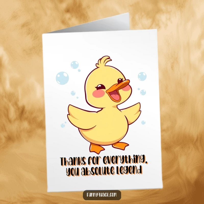 Funny Free Printable Thank You card showcasing a kawaii duck honking happily, surrounded by floating bubbles, conveying sincere gratitude.