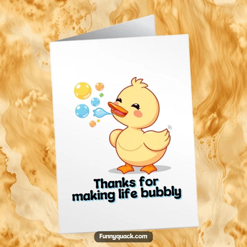 Funny Free Printable Thank You Card: A cheerful duck cheerfully blowing colorful bubbles, perfect for expressing thanks.