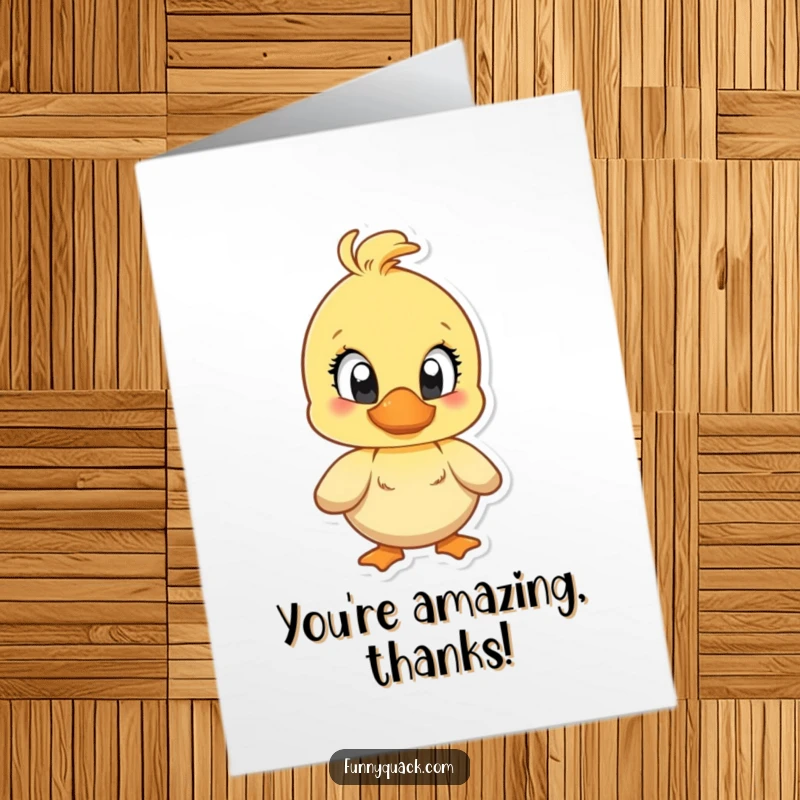 Funny Free Printable Thank You Card: Duck character with big bright eyes quacking joyfully with immense happiness
