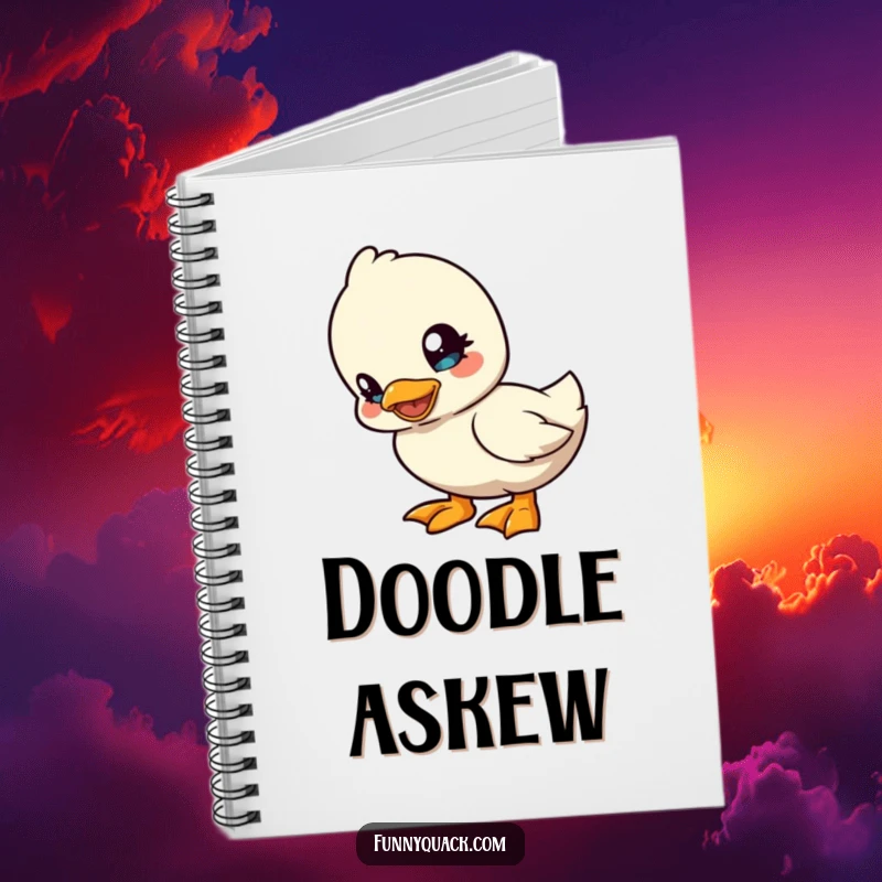Funny kawaii duck notebook with a cute duck character tilting its head playfully, perfect for jotting down curious and humorous thoughts.