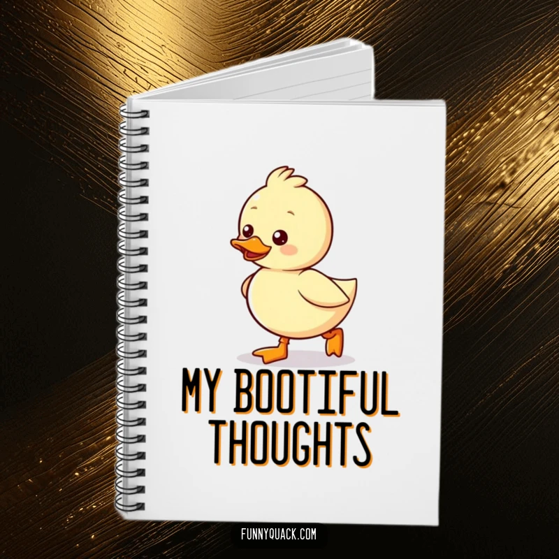 Funny Kawaii Duck Notebook, a duck waddling excitedly with tiny boots, ideal for jotting cheerful notes.