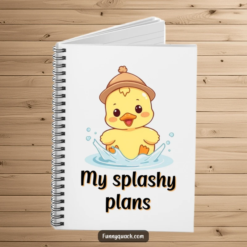 Funny Kawaii Duck Notebook, a duck wearing a tiny hat, splashing enthusiastically, ideal for jotting cheerful notes.