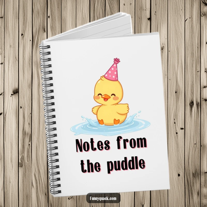 Funny notebook cover featuring a cute kawaii duck wearing a party hat and gleefully splashing in a puddle.