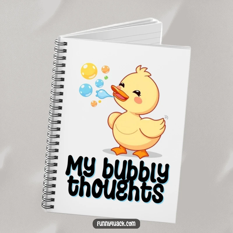 A lined notebook with a cover featuring a funny cartoon duck joyfully blowing a stream of colorful bubbles, ready for notes.