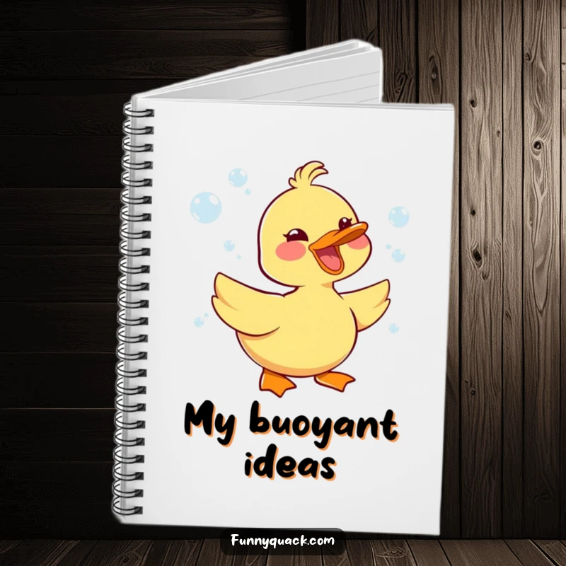 Funny kawaii duck character honking with joy, surrounded by bubbles, on the cover of a notebook.