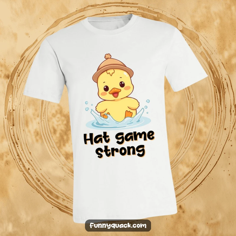 Funny Kawaii Duck T-Shirt, a duck in a tiny hat, splashing enthusiastically, perfect for water lovers.
