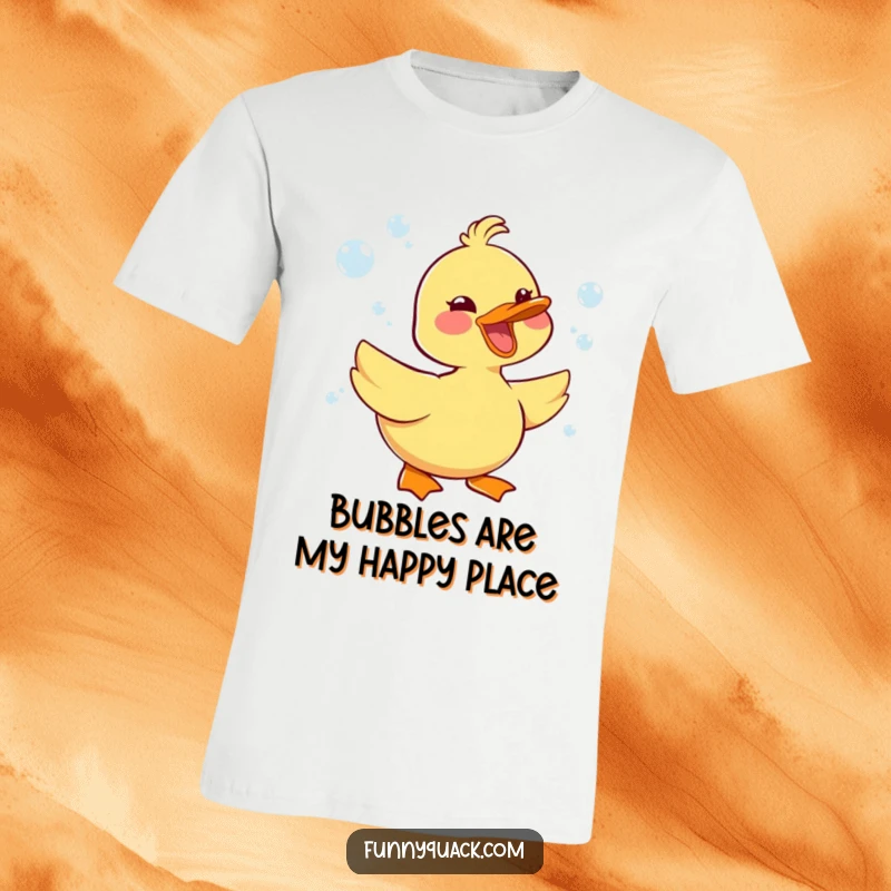 Funny kawaii duck character honking with delight, immersed in whimsical bubbles, on a comfy t-shirt.