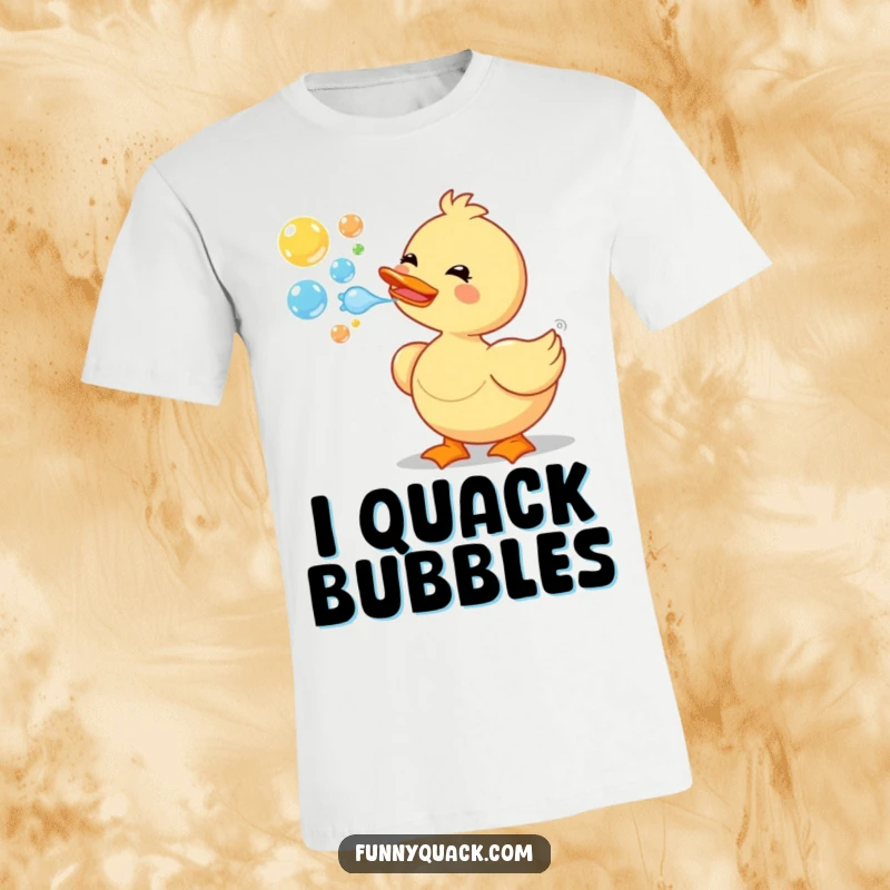 Funny cartoon duck joyfully blowing a stream of colorful bubbles, printed on a comfortable graphic t-shirt for ultimate cheer.