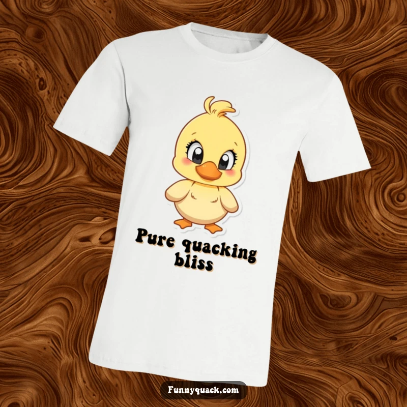 Funny t-shirt depicting a duck character with huge, bright eyes, quacking enthusiastically with exaggerated and contagious joy.