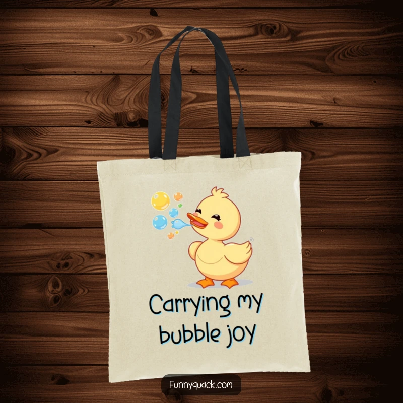 Funny cartoon duck happily blowing colorful bubbles, featured on a durable tote bag, perfect for a cheerful shopper.