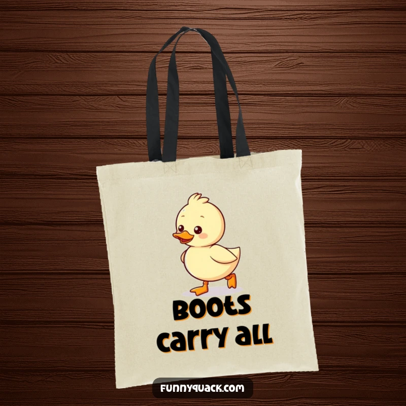 Funny Kawaii Duck Tote Bag, a duck waddling excitedly with tiny boots, ideal for carrying happy steps.