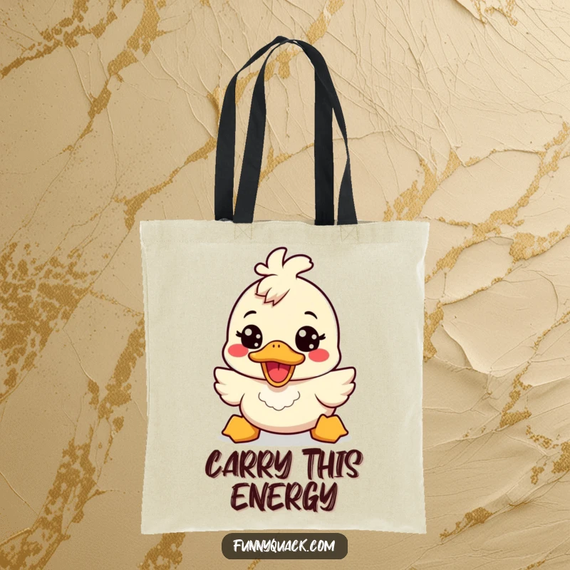 Funny kawaii duck tote bag showing a cute duck character with a broad, energetic smile, perfect for carrying cheer and humor.