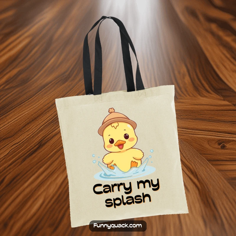 Funny Kawaii Duck Tote Bag, a duck in a tiny hat, splashing enthusiastically, ideal for carrying watery fun.