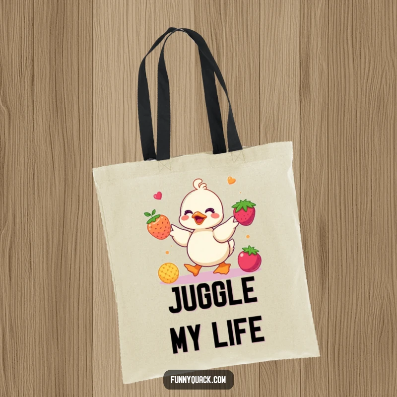 Funny kawaii duck tote bag showing a cute duck character juggling bright, colorful abstract berries, perfect for carrying joy and humor.